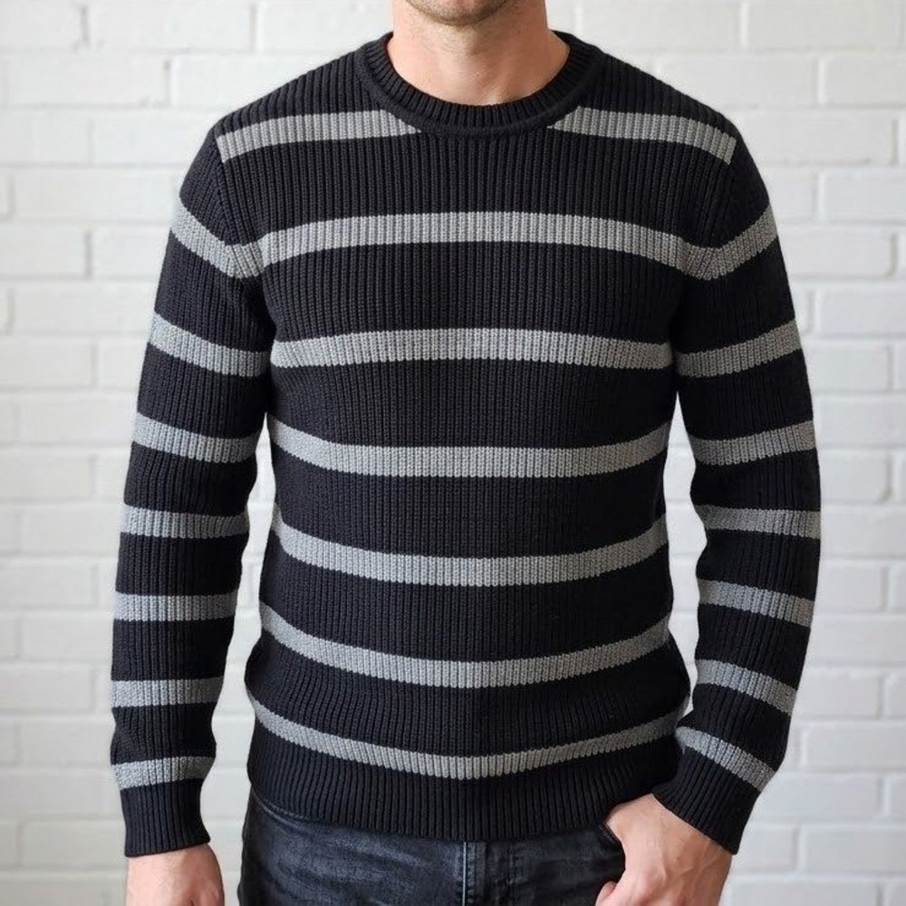 H&M Striped Sweater Mens Medium Black Gray Cotton Ribbed Knit Pullover Grunge